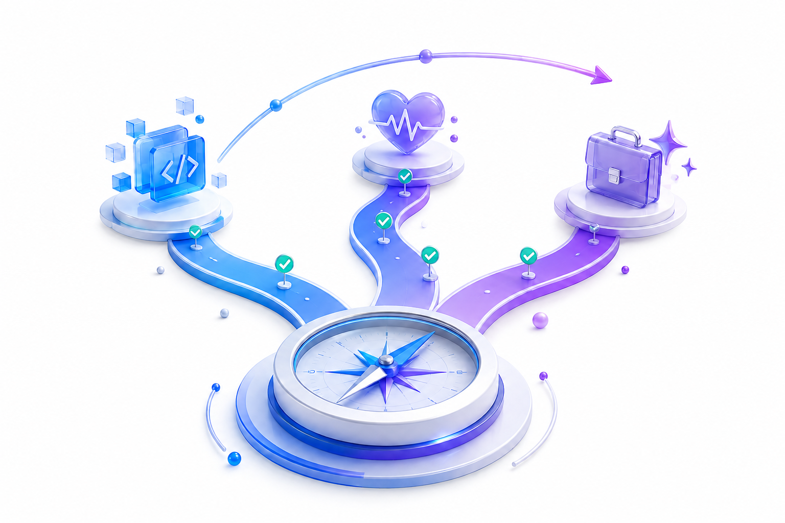 Isometric 3D illustration of a navigation compass guiding career pathways toward software development, healthcare, and business milestones