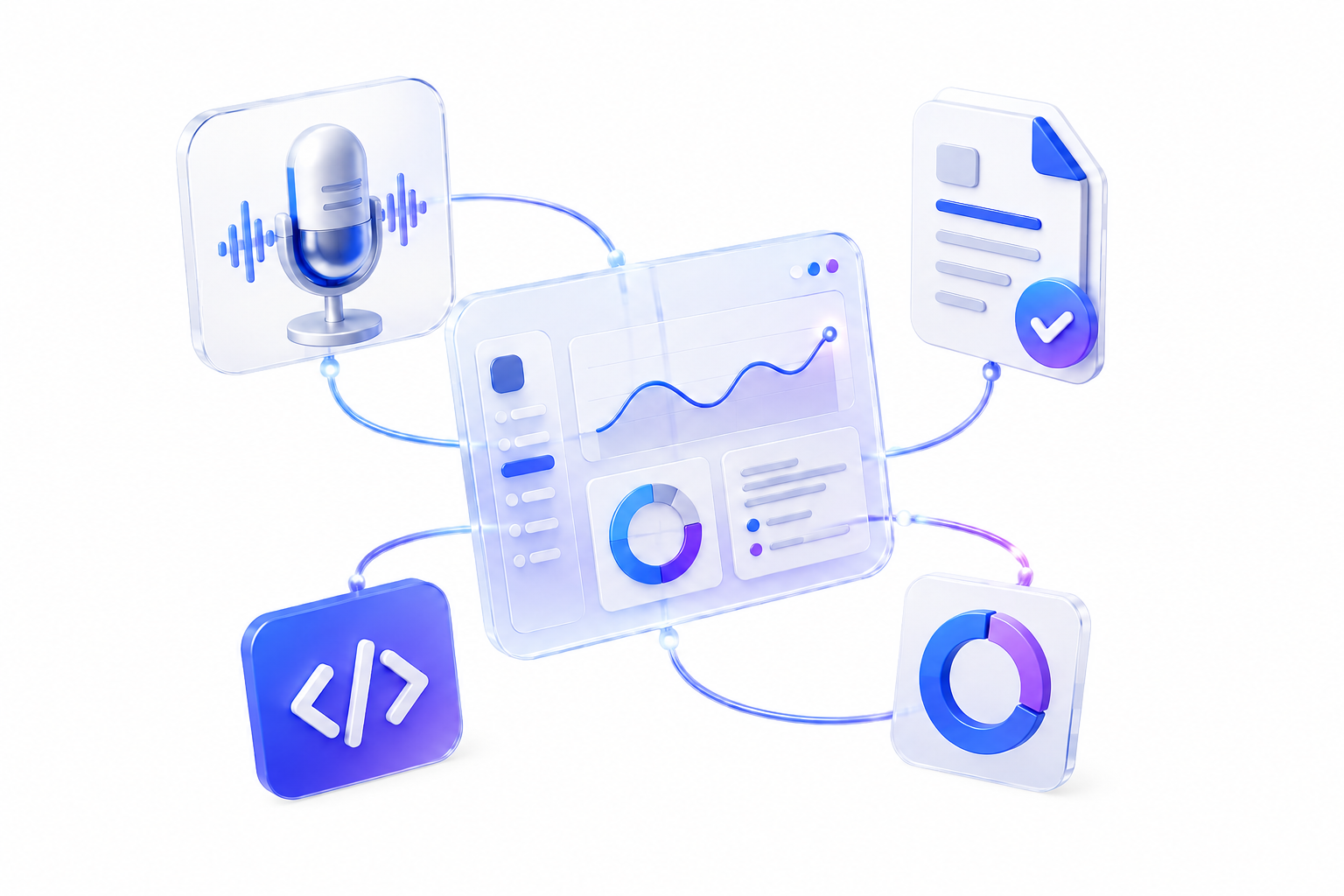 Isometric 3D preview of InterviewUp platform dashboard connecting mock interviews, resume scoring, coding challenges, and readiness analytics