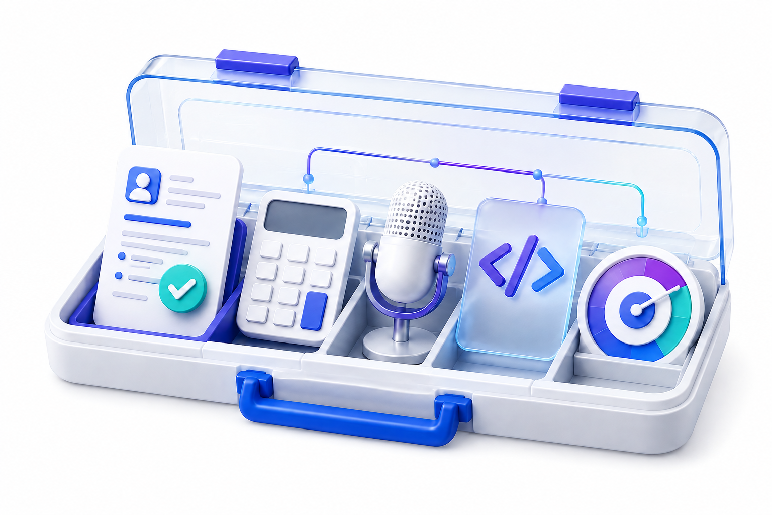 Isometric 3D illustration of a job seeker toolkit featuring resume scanner, salary calculator, interview microphone, coding challenge, and readiness score gauge